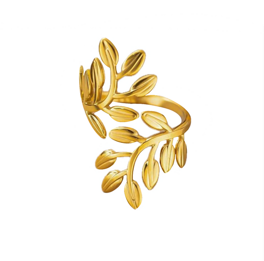 Gold Large Curved Leaf Adjustable Ring