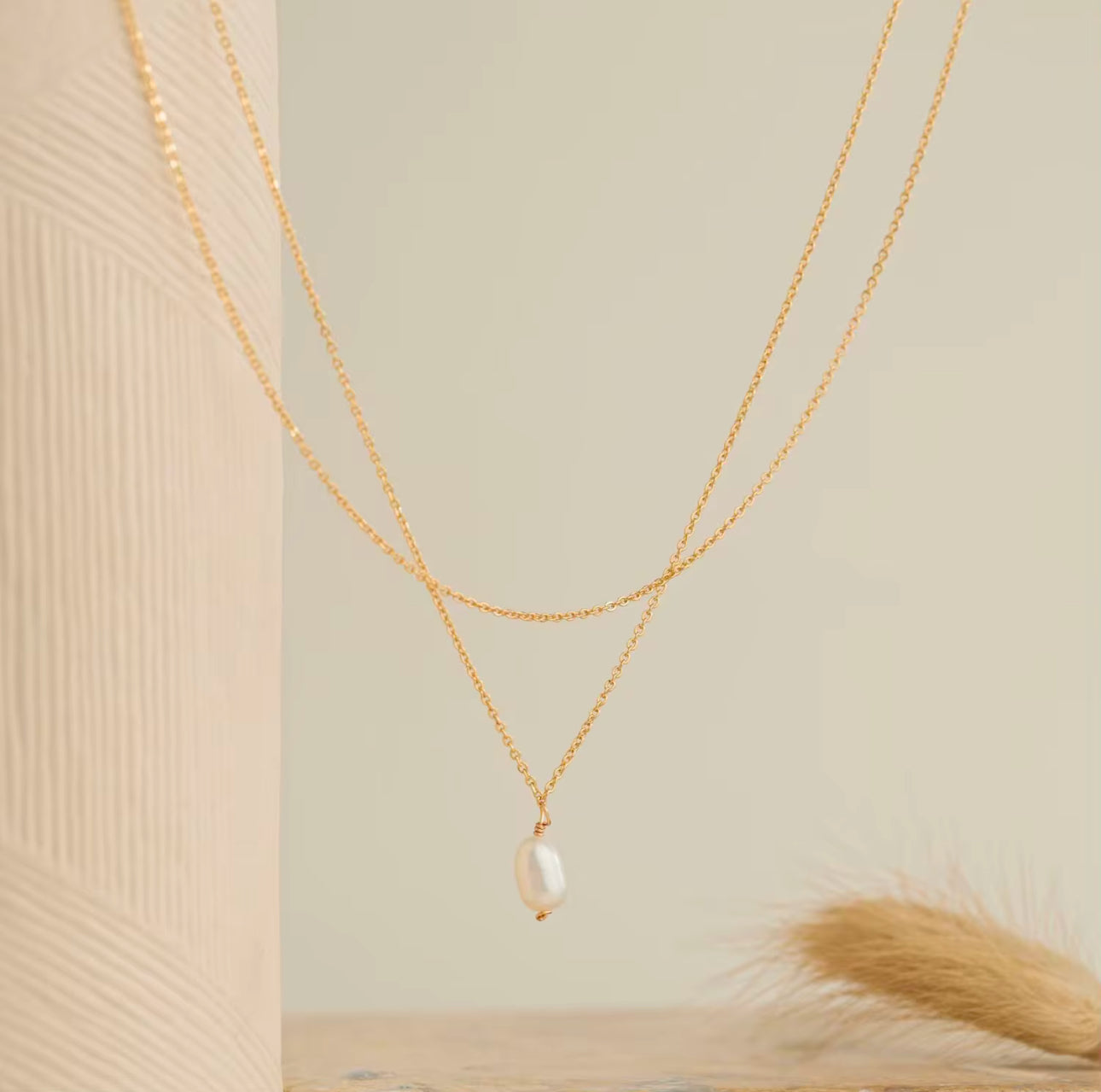 Gold Double Layer Pearl Pendant Necklace