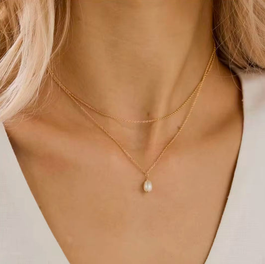 Gold Double Layer Pearl Pendant Necklace